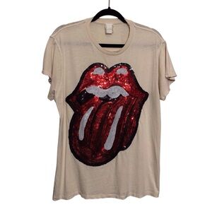 MadeWorn Small Cream Sequins The Rolling Stones Graphic Tee T-Shirt Embellished